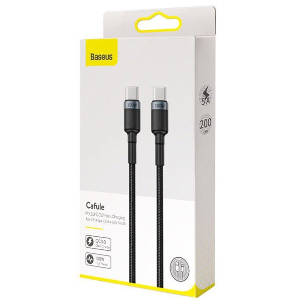 Baseus Cafule Type C To Type C 5A 100W Şarj Kablosu 2M Siyah CATKLF-ALG1