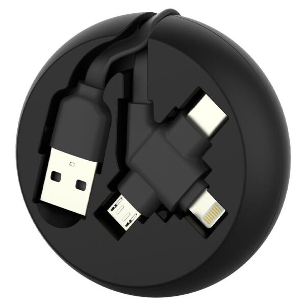 Simex Makaralı 3in1 Micro Type-C Lightning Spool Data ve Şarj Kablosu Siyah
