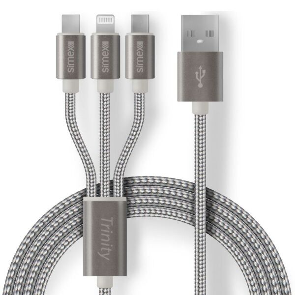 Simex 3in1 Micro Type-C Lightning Trinity Data ve Şarj Kablosu Gri