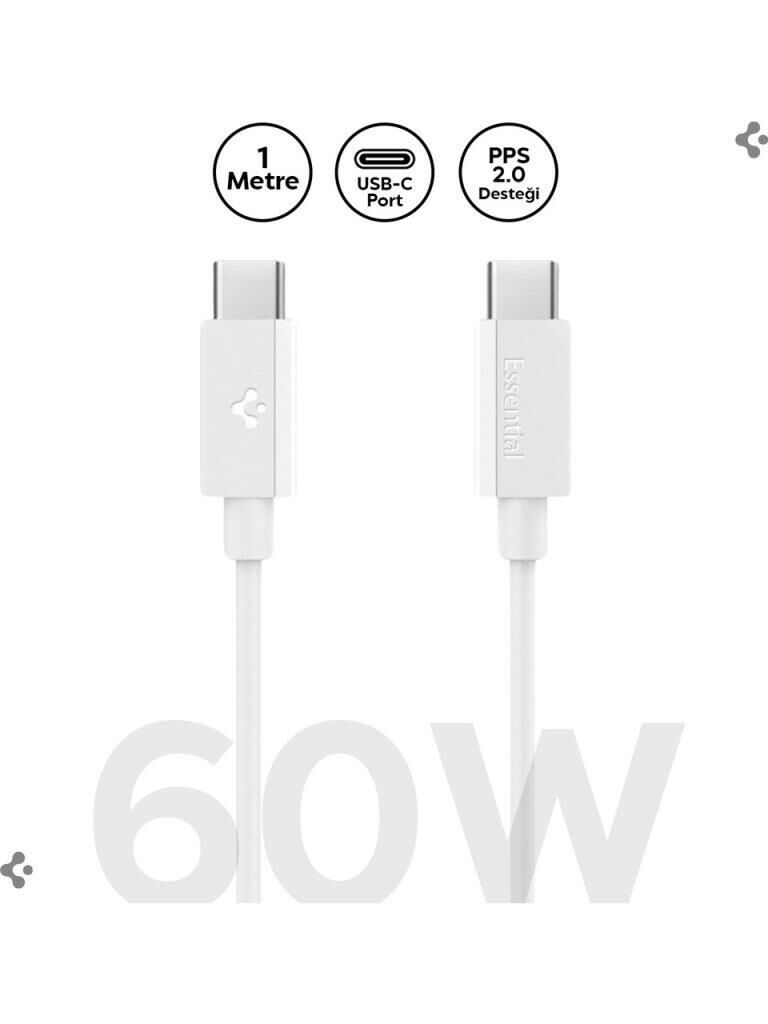 Spigen USB-C to USB-C 1 Metre Kablo 60W Güç / PPS 2.0 Super Hızlı Şarj / 480 Mbps Data Aktarım Hızı Type-C Ekstra Dayanıklı White