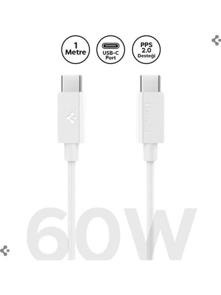 Spigen USB-C to USB-C 1 Metre Kablo 60W Güç / PPS 2.0 Super Hızlı Şarj / 480 Mbps Data Aktarım Hızı Type-C Ekstra Dayanıklı White