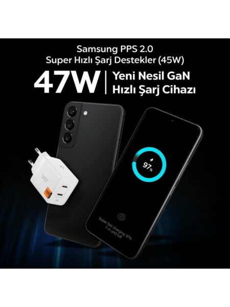 Spigen 47W USB-C 2 Port Mini Hızlı Şarj Aleti Samsung PPS 2.0 / Isı Düşürücü GaN Pro Akım Korumalı PD 3.0 / SCP / FCP Protokol Güç Adaptörü iPhone & Android & iPad & MacBook Type-C White