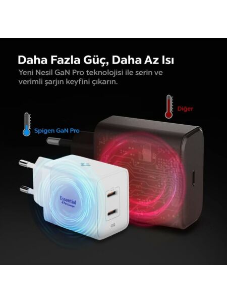 Spigen 47W USB-C 2 Port Mini Hızlı Şarj Aleti Samsung PPS 2.0 / Isı Düşürücü GaN Pro Akım Korumalı PD 3.0 / SCP / FCP Protokol Güç Adaptörü iPhone & Android & iPad & MacBook Type-C White