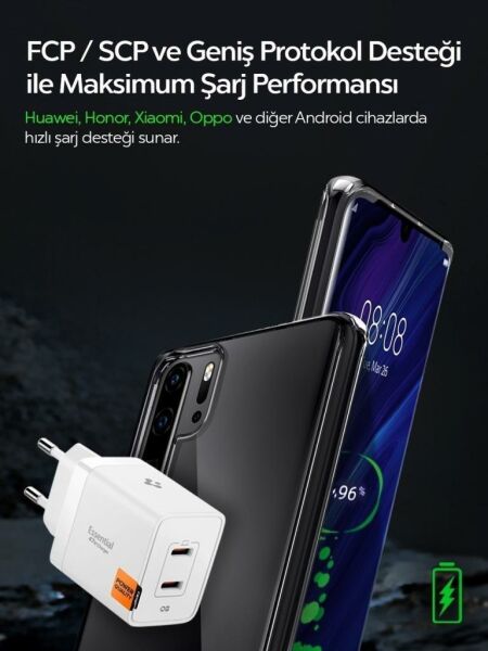 Spigen 47W USB-C 2 Port Mini Hızlı Şarj Aleti Samsung PPS 2.0 / Isı Düşürücü GaN Pro Akım Korumalı PD 3.0 / SCP / FCP Protokol Güç Adaptörü iPhone & Android & iPad & MacBook Type-C White