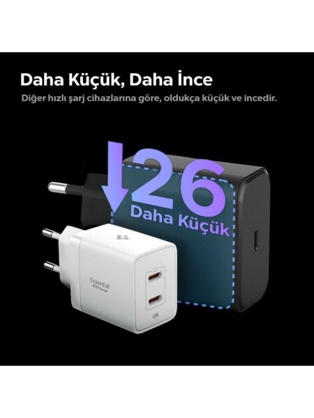 Spigen 47W USB-C 2 Port Mini Hızlı Şarj Aleti Samsung PPS 2.0 / Isı Düşürücü GaN Pro Akım Korumalı PD 3.0 / SCP / FCP Protokol Güç Adaptörü iPhone & Android & iPad & MacBook Type-C White