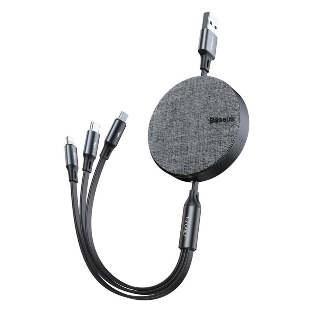 Baseus Fabric Makaralı 3in1 Type-C+iphone+micro Usb Şarj Kablo-Gri
