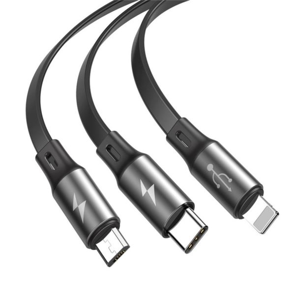 Baseus Fabric Makaralı 3in1 Type-C+iphone+micro Usb Şarj Kablo-Gri