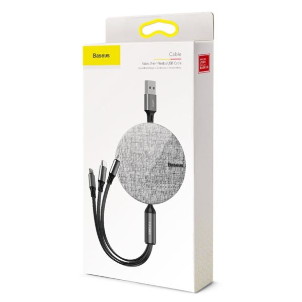 Baseus Fabric Makaralı 3in1 Type-C+iphone+micro Usb Şarj Kablo-Gri