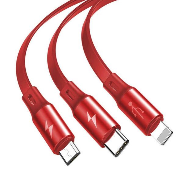 Baseus Fabric Makaralı 3in1 Type-C+iphone+micro Usb Şarj Kablo-Kırmızı