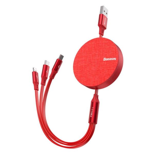 Baseus Fabric Makaralı 3in1 Type-C+iphone+micro Usb Şarj Kablo-Kırmızı