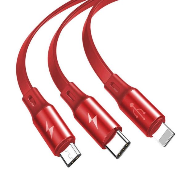 Baseus Fabric Makaralı 3in1 Type-C+iphone+micro Usb Şarj Kablo-Kırmızı