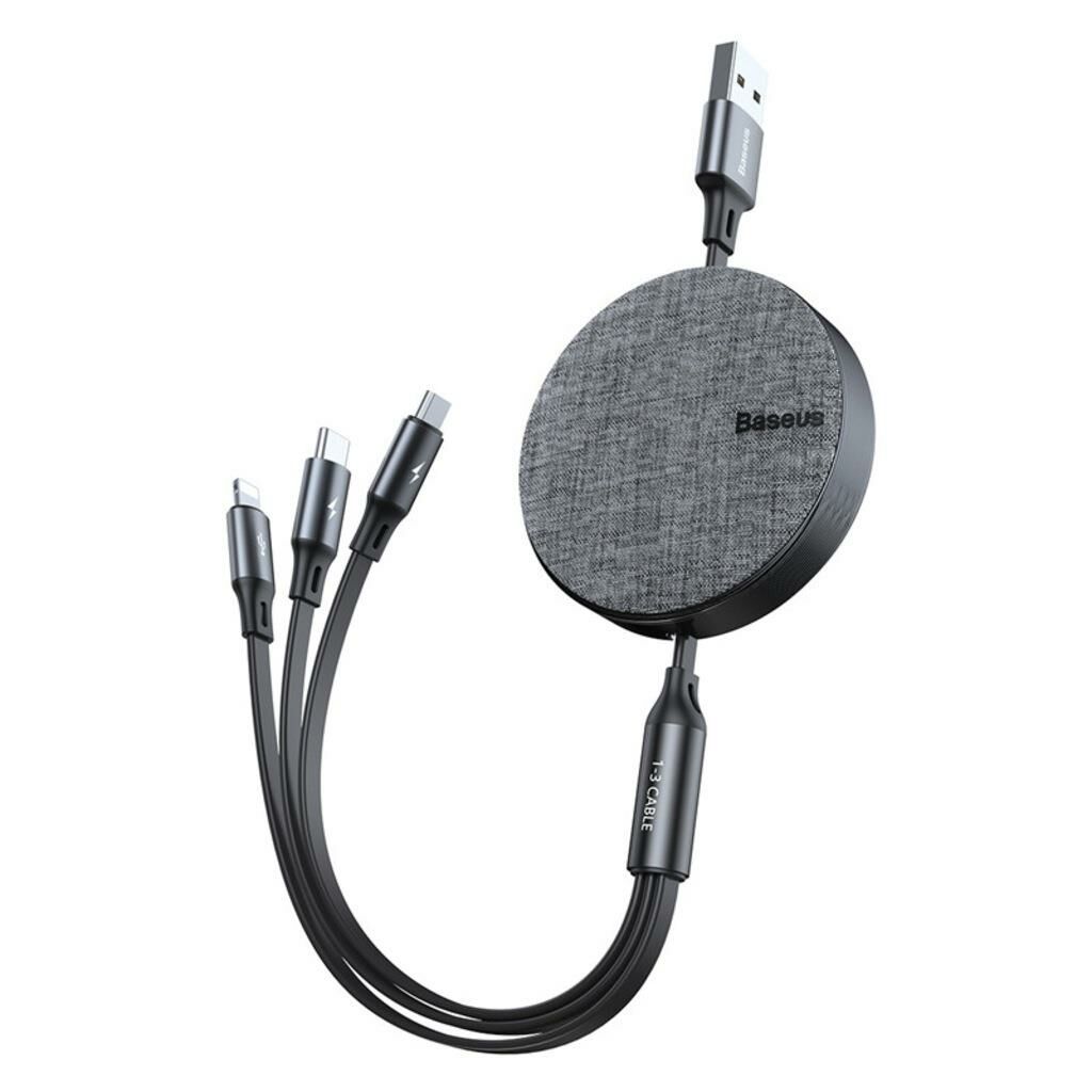 Baseus Fabric Makaralı 3in1 Type-C+iphone+micro Usb Şarj Kablo-Gri