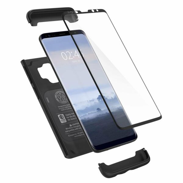 Spigen Galaxy S9 ile Uyumlu Kılıf Thin Fit 360 + Tempered Glass Cam Koruyucu Black