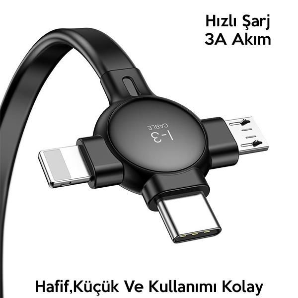 Baseus Little Octopus 3in1 İPhone,Type C,Micro Şarj& Veri Kablosu-Siyah