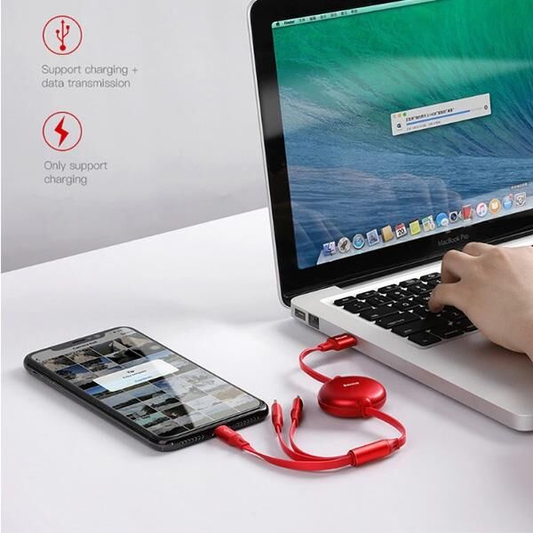 Baseus Little Octopus 3in1 Type-C+İPhone+Micro Usb Şarj Kablo 1.2M-Kırmızı