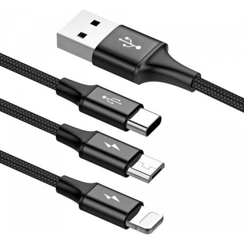 Baseus Rapid Serisi Usb-C Kablo 3in1 Mikro USB/Lightning/USB-C 20W Şarj Kablosu 1,5 Metre Siyah