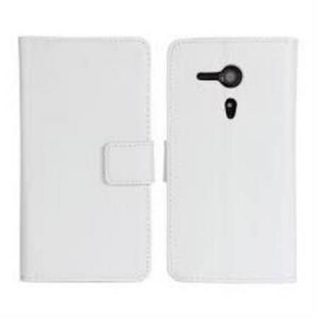 Xperia SP M35H ile Uyumlu Yan Kapaklı Cüzdanlı Kart Bölmeli Deri Kılıf Beyaz Renk