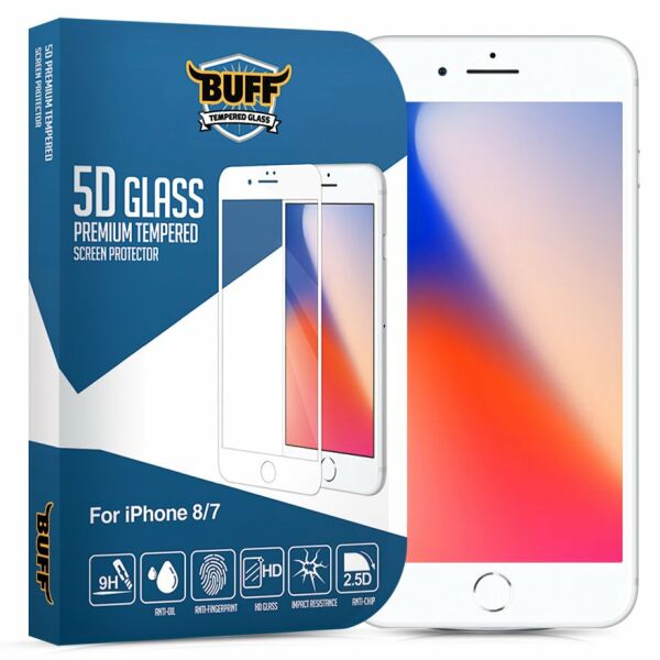 Buff iPhone 8/7 5D ile Uyumlu Glass Ekran Koruyucu White
