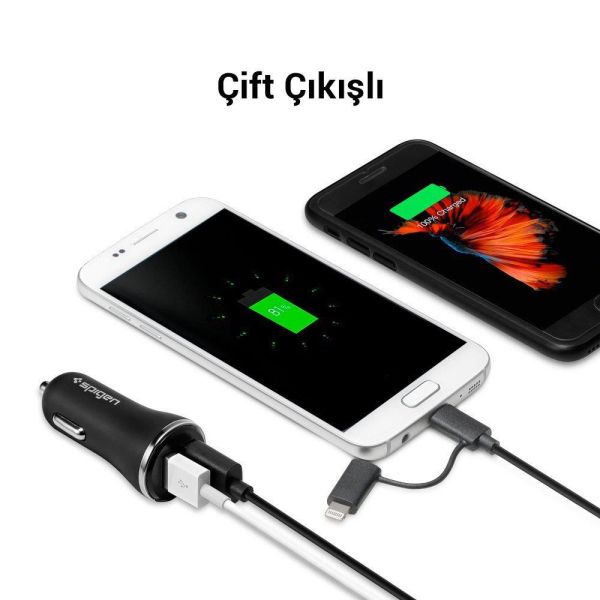 Spigen F27QC Hızlı Şarj 3.0 Araç Şarjı Çift Giriş USB QC 3.0 Qualcomm