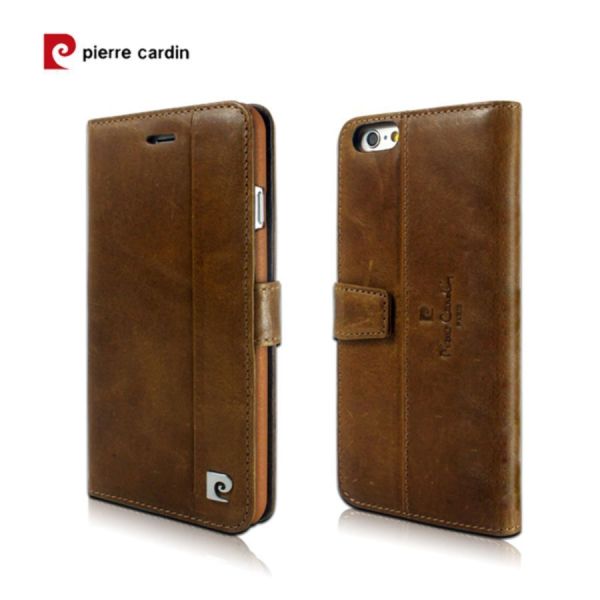 Pierre Cardin iPhone 6 Plus ile Uyumlu Deri Kapaklı Koruma Kılıfı Kahve PCL-P05
