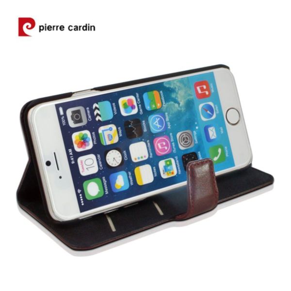 Pierre Cardin iPhone 6 Plus ile Uyumlu Deri Kapaklı Koruma Kılıfı Kahve PCL-P05