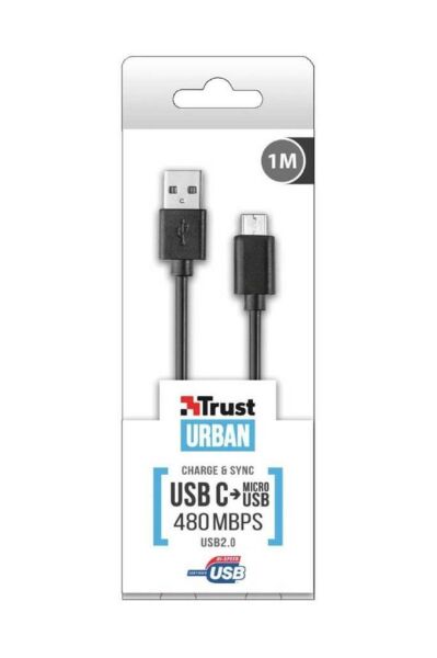 Trust 21316 USB2.0 Micro USB-Type C Şarj Kablosu Siyah 1m