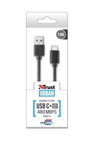 Trust 21316 USB2.0 Micro USB-Type C Şarj Kablosu Siyah 1m