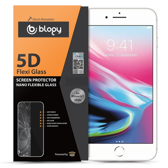Blogy iPhone 8 / 7 ile Uyumlu Flexi 5D Ekran Koruyucu White