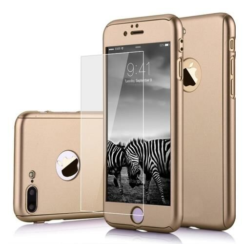 iPhone 7 Plus ile Uyumlu 360 Derece Koruma Arka Kapak Gold + Özel Cam Koruyucu