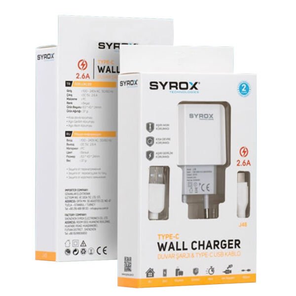 Syrox Type C Hızlı Şarj Cihazı 2.6A Beyaz J48