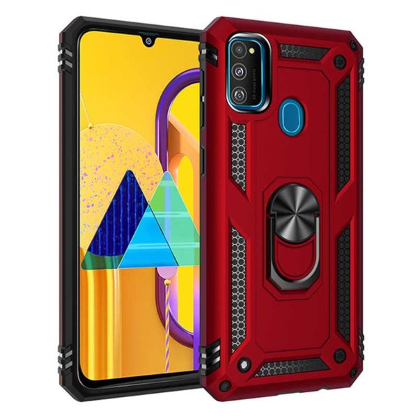 Jopus Galaxy M31 ile Uyumlu Yüzüklü Standlı Zırhlı Silikon Kılıf Kırmızı