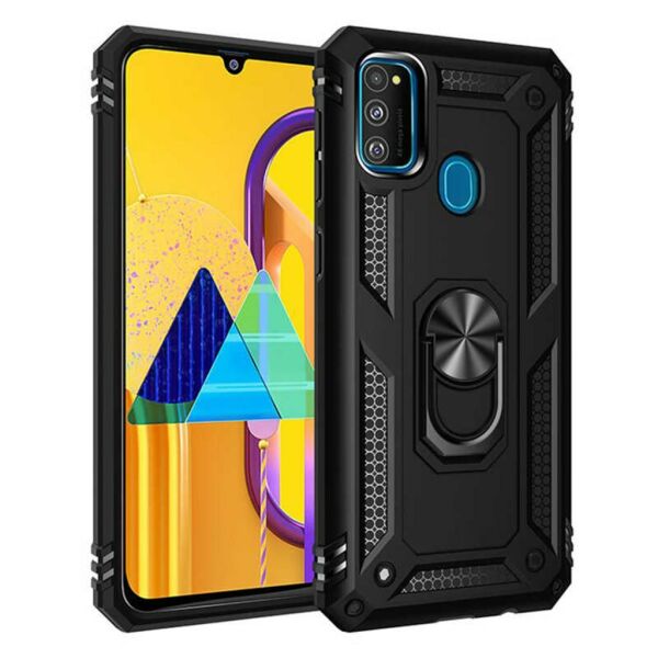 Jopus Galaxy M31 ile Uyumlu Yüzüklü Standlı Zırhlı Silikon Kılıf Siyah