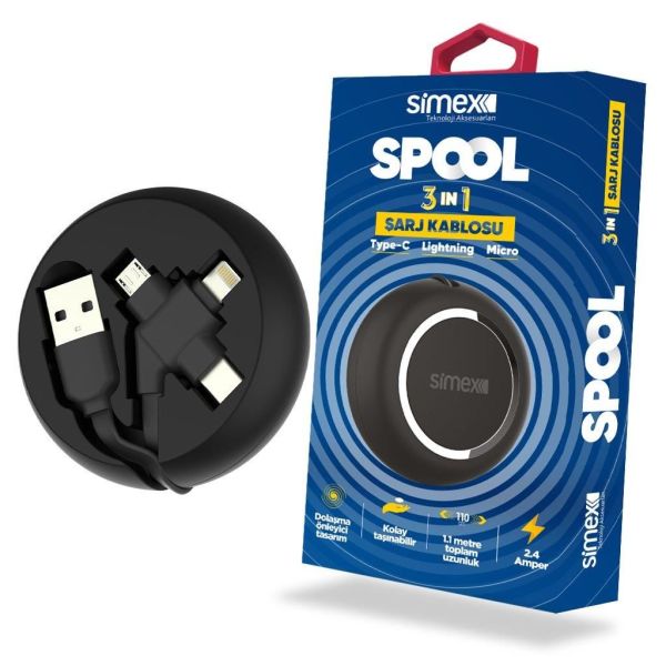 Simex Universal Android Micro / Type C / İphone Lightning Data-Hızlı Şarj Kablosu SPK-07 Spool 3in1 Makarali Siyah