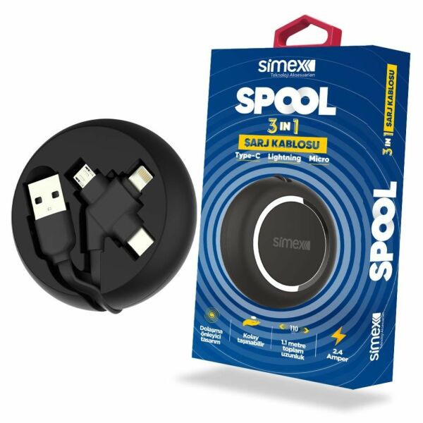 Simex Universal Android Micro / Type C / İphone Lightning Data-Hızlı Şarj Kablosu SPK-07 Spool 3in1 Makarali Siyah