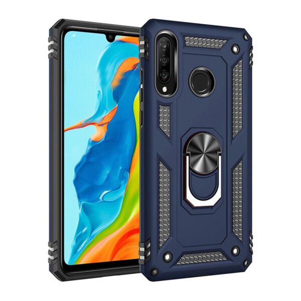 Jopus Galaxy A20S ile Uyumlu Yüzüklü Standlı Zırhlı Silikon Kılıf Mavi