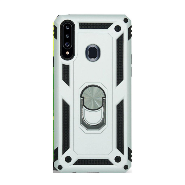 Jopus Galaxy A20S ile Uyumlu Yüzüklü Standlı Zırhlı Silikon Kılıf Gri