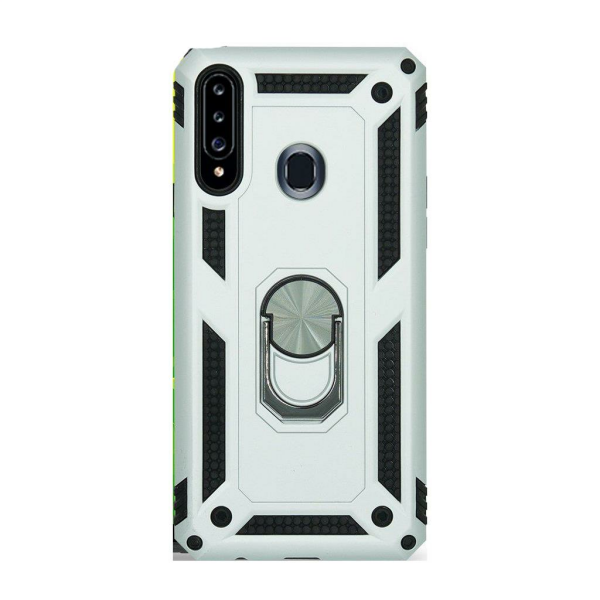 Jopus Galaxy A20S ile Uyumlu Yüzüklü Standlı Zırhlı Silikon Kılıf Gri