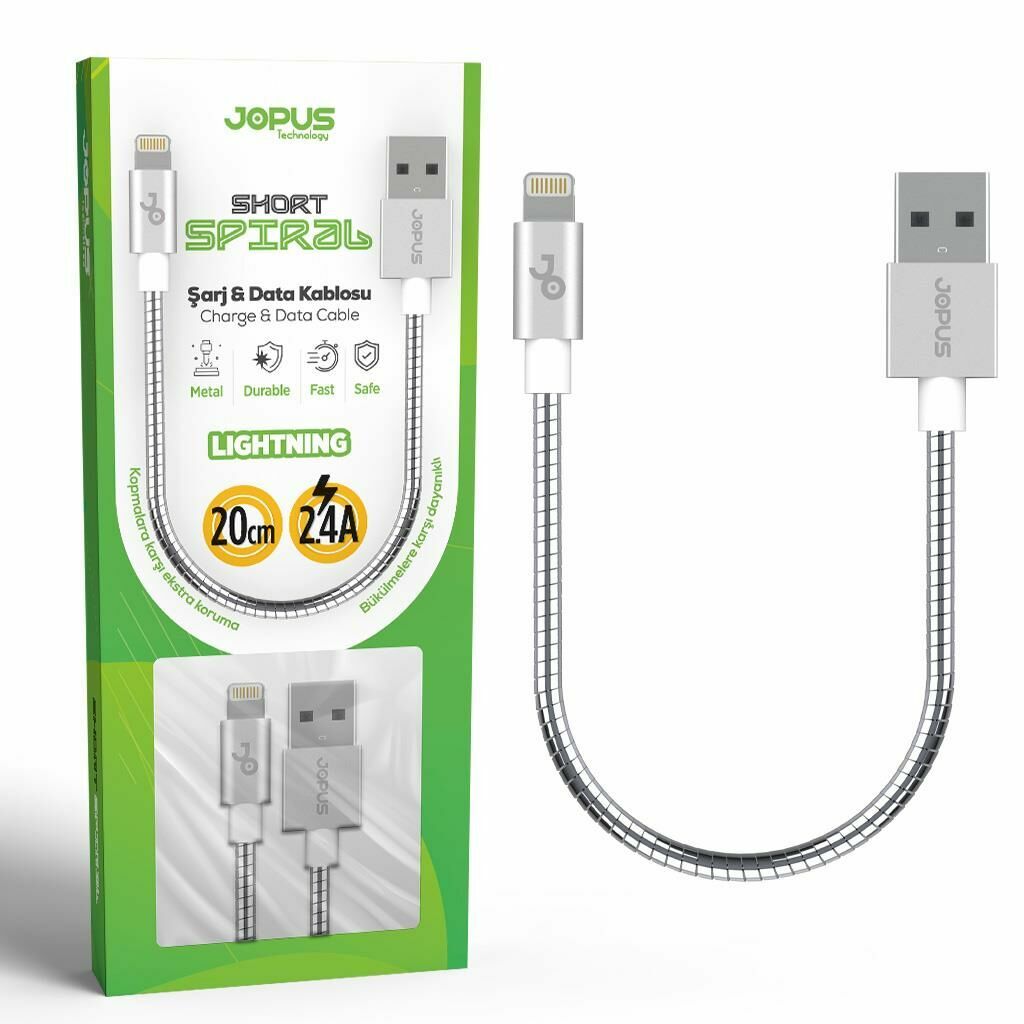 Jopus iPhone 7\7 Plus ile Uyumlu Data-Hızlı Şarj Kablosu Metal Gövdeli ve Başlı JO-DK5 20cm Short Spiral Gri