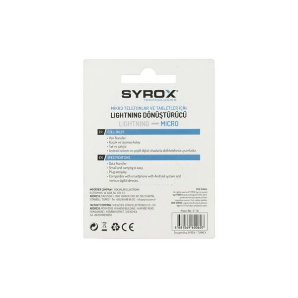 Syrox Lightning Micro USB Dönüştürücü DT16 Gümüş