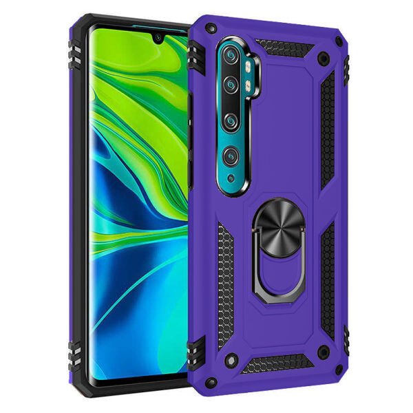 Mi Note 10 Lite ile Uyumlu Yüzüklü Standlı Zırhlı Silikon Kılıf Mor