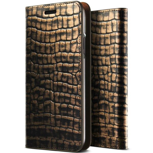 VRS Design İPhone X ile Uyumlu Genuine Croco Diary Kılıf Dark Gold