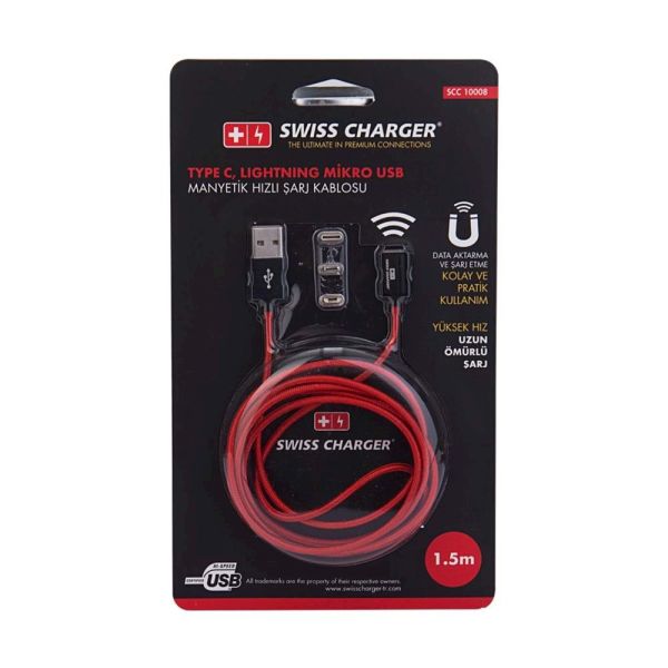 Swiss Charger Manyetik Hızlı Şarj Kablosu SCC-10008 1.5m (Lightning, Micro, Type-C)