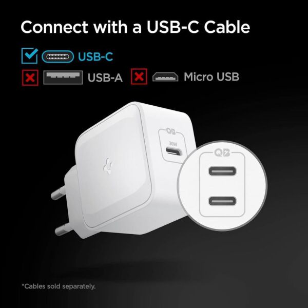 Spigen 30W USB-C Güç Adaptörü GaN (Akım Korumalı) 20W/30W Type-C Hızlı iPhone & Android & iPad & Macbook Şarj Cihazı ArcStation Pro PE2008 White
