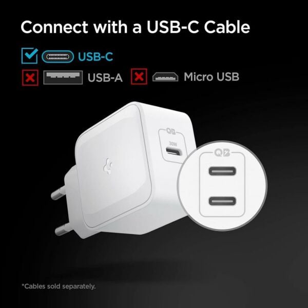 Spigen 30W USB-C Güç Adaptörü GaN (Akım Korumalı) 20W/30W Type-C Hızlı iPhone & Android & iPad & Macbook Şarj Cihazı ArcStation Pro PE2008 White