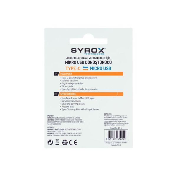Syrox Type-C Micro USB Dönüştürücü DT14 Gümüş