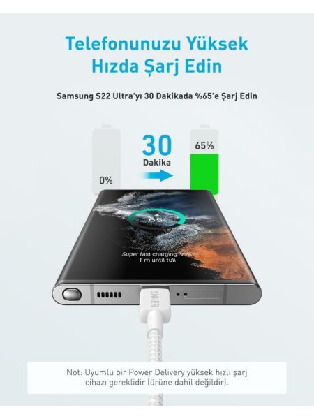 Anker 322 PowerLine USB-C to USB-C Örgülü Kablo 3ft/0.9m 60W - Beyaz