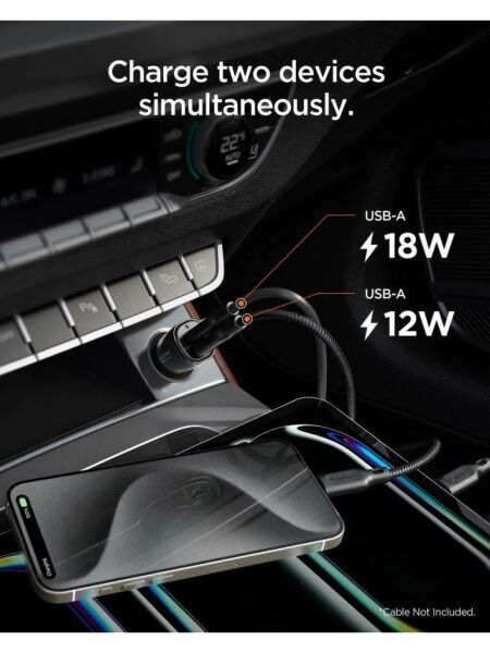 Spigen 30W USB-A 2 Port Araç içi Hızlı Şarj Aleti 18W + 12W Akım Korumalı Güç Adaptörü iPhone & Android & iPad Type-C PD EV302 - ACP08700