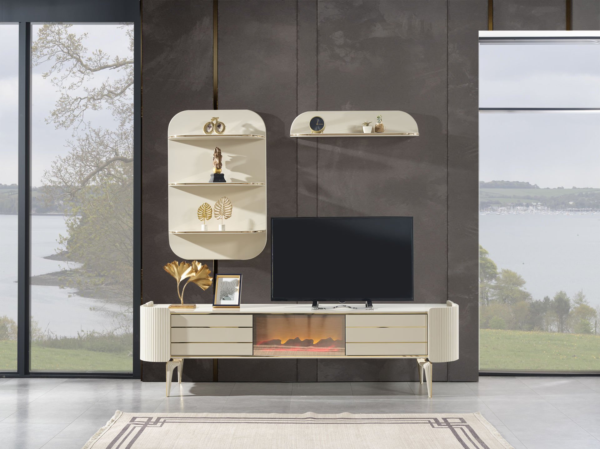 Karya Krem Luxury Şömineli Tv Ünite