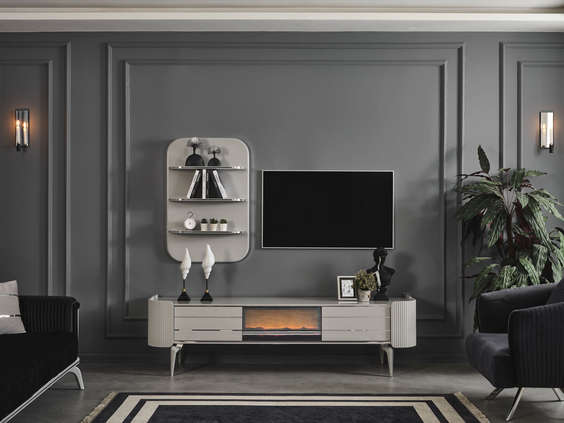 Karya Sis Gri Luxury Şömineli Tv Ünite