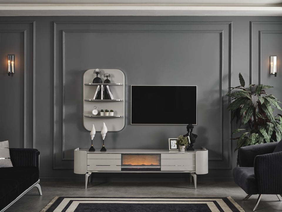 Karya Sis Gri Luxury Şömineli Tv Ünite